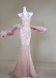 Ndyad Halter Mermaid Long Prom Dresses, Tulle Rhinestone Pink Birthday Dresses HZ1024