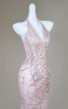 Ndyad Halter Mermaid Long Prom Dresses, Tulle Rhinestone Pink Birthday Dresses HZ1024
