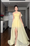 Ndyad Spaghetti Straps Sheath Hi-Lo Birthday Dresses, Chiffon Yellow Formal Dresses HZ1024