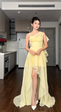 Ndyad Spaghetti Straps Sheath Hi-Lo Birthday Dresses, Chiffon Yellow Formal Dresses HZ1024