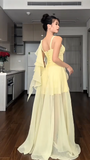 Ndyad Spaghetti Straps Sheath Hi-Lo Birthday Dresses, Chiffon Yellow Formal Dresses HZ1024