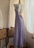 Ndyad Spaghetti Strap Sheath Prom Dresses,Lace Purple Long Formal Dresses HZ1024