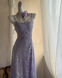 Ndyad Spaghetti Strap Sheath Prom Dresses,Lace Purple Long Formal Dresses HZ1024