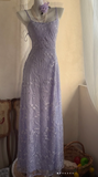 Ndyad Spaghetti Strap Sheath Prom Dresses,Lace Purple Long Formal Dresses HZ1024