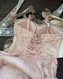 Ndyad Spaghetti Strap A-Line Long Prom Dresses Pink Birthday Dresses Pink Formal Dresses HZ1024