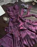 Ndyad Spaghetti Strap Sheath Long Prom Dresses with Ruffles Dark Purple Formal Dresses HZ1024