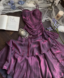 Ndyad Spaghetti Strap Sheath Long Prom Dresses with Ruffles Dark Purple Formal Dresses HZ1024