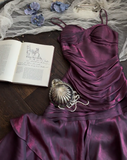 Ndyad Spaghetti Strap Sheath Long Prom Dresses with Ruffles Dark Purple Formal Dresses HZ1024