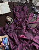 Ndyad Spaghetti Strap Sheath Long Prom Dresses with Ruffles Dark Purple Formal Dresses HZ1024
