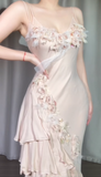 Ndyad Spaghetti Strap Sheath Long Prom Dresses Chiffon Applique Formal Dresses HZ1024