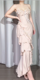 Ndyad Spaghetti Strap Sheath Long Prom Dresses Chiffon Applique Formal Dresses HZ1024