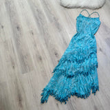 Ndyad Spaghetti Strap Sheath Prom Dresses Chiffon Beaded Blue Formal Dresses HZ1024