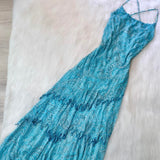 Ndyad Spaghetti Strap Sheath Prom Dresses Chiffon Beaded Blue Formal Dresses HZ1024