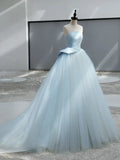 Evafashion Satin Tulle Blue Long Prom Dress, Blue Long Formal Dress HZ1024