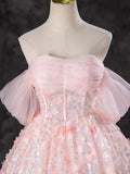 Evafashion Off Shoulder Tulle Lace Pink Long Prom Dress, Pink Sweet 16 Dress HZ1024
