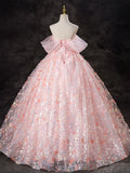 Evafashion Off Shoulder Tulle Lace Pink Long Prom Dress, Pink Sweet 16 Dress HZ1024