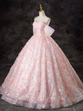 Evafashion Off Shoulder Tulle Lace Pink Long Prom Dress, Pink Sweet 16 Dress HZ1024