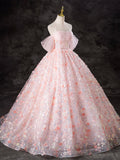 Evafashion Off Shoulder Tulle Lace Pink Long Prom Dress, Pink Sweet 16 Dress HZ1024