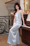 Ndyad Spaghetti Strap Sheath Long Prom Dresses Satin Blue Formal Dresses HZ1024