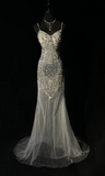 Ndyad Spaghetti Strap Mermaid Long Prom Dresses Chiffon Beaded Grey Formal Dresses HZ1024