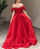 Ndyad Off-Shoulder A-Line Long Prom Dresses Satin Navy Blue Evening Dresses HZ1024