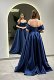 Ndyad Off-Shoulder A-Line Long Prom Dresses Satin Navy Blue Evening Dresses HZ1024