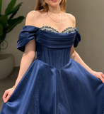 Ndyad Off-Shoulder A-Line Long Prom Dresses Satin Navy Blue Evening Dresses HZ1024
