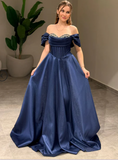 Ndyad Off-Shoulder A-Line Long Prom Dresses Satin Navy Blue Evening Dresses HZ1024