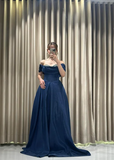 Ndyad Off-Shoulder A-Line Long Prom Dresses Satin Navy Blue Evening Dresses HZ1024