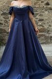 Ndyad Off-Shoulder A-Line Long Prom Dresses Satin Navy Blue Evening Dresses HZ1024