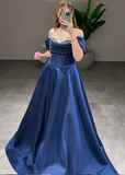 Ndyad Off-Shoulder A-Line Long Prom Dresses Satin Navy Blue Evening Dresses HZ1024