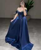 Ndyad Off-Shoulder A-Line Long Prom Dresses Satin Navy Blue Evening Dresses HZ1024