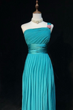 Ndyad One-Shoulder Sheath Pleated Long Prom Dresses Chiffon Turquoise Evening Dresses HZ1024