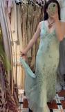 Ndyad V-neck Mermaid Long Prom Dresses Beaded Chiffon Soft Green Evening Dresses HZ1024