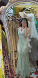Ndyad V-neck Mermaid Long Prom Dresses Beaded Chiffon Soft Green Evening Dresses HZ1024