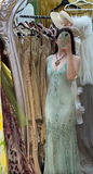 Ndyad V-neck Mermaid Long Prom Dresses Beaded Chiffon Soft Green Evening Dresses HZ1024