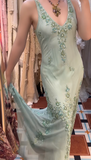 Ndyad V-neck Mermaid Long Prom Dresses Beaded Chiffon Soft Green Evening Dresses HZ1024
