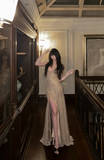 Ndyad Spaghetti Strap Sheath Long Prom Dresses with Slits Gold Backless Evening Dresses HZ1024