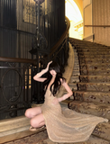 Ndyad Spaghetti Strap Sheath Long Prom Dresses with Slits Gold Backless Evening Dresses HZ1024