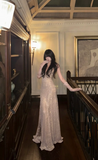 Ndyad Spaghetti Strap Sheath Long Prom Dresses with Slits Gold Backless Evening Dresses HZ1024