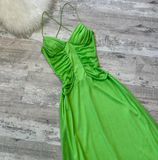 Ndyad Spaghetti Strap A-Line Long Prom Dresses Chiffon Green Formal Dresses HZ1024