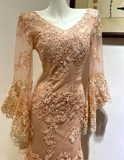 Ndyad V-neck Memaid Long Prom Dresses Long Sleeve Chiffon Applique Champagne Evening Dresses HZ1024