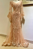 Ndyad V-neck Memaid Long Prom Dresses Long Sleeve Chiffon Applique Champagne Evening Dresses HZ1024