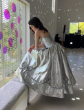 Ndyad Strapless Ball Gown Silver Long Prom Dresses Silver Formal Dresses HZ1024