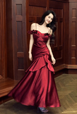 Ndyad Spaghetti Strap Sheath Long Prom Dresses Satin Ruffle Burgundy Formal Dresses HZ1024