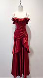 Ndyad Spaghetti Strap Sheath Long Prom Dresses Satin Ruffle Burgundy Formal Dresses HZ1024