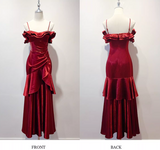 Ndyad Spaghetti Strap Sheath Long Prom Dresses Satin Ruffle Burgundy Formal Dresses HZ1024