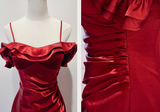 Ndyad Spaghetti Strap Sheath Long Prom Dresses Satin Ruffle Burgundy Formal Dresses HZ1024