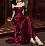 Ndyad Spaghetti Strap Sheath Long Prom Dresses Satin Ruffle Burgundy Formal Dresses HZ1024