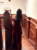 Ndyad Spaghetti Strap Sheath Long Prom Dresses Satin Ruffle Burgundy Formal Dresses HZ1024